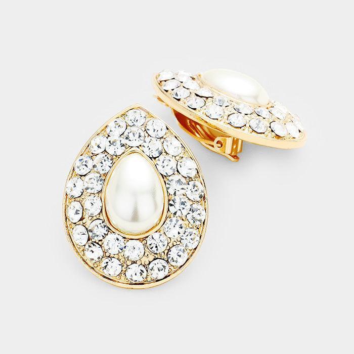 Gold Stone Pave Teardrop Pearl Centered Clip on Earrings - Jewelry Store by Erik Rayo