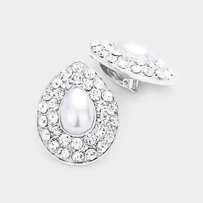 White Stone Pave Teardrop Pearl Centered Clip on Earrings - Jewelry Store by Erik Rayo