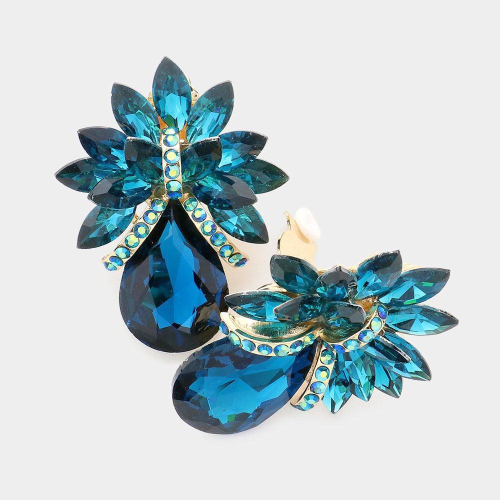 Blue Teardrop Stone Accented Clip on Evening Earrings - Jewelry Store by Erik Rayo