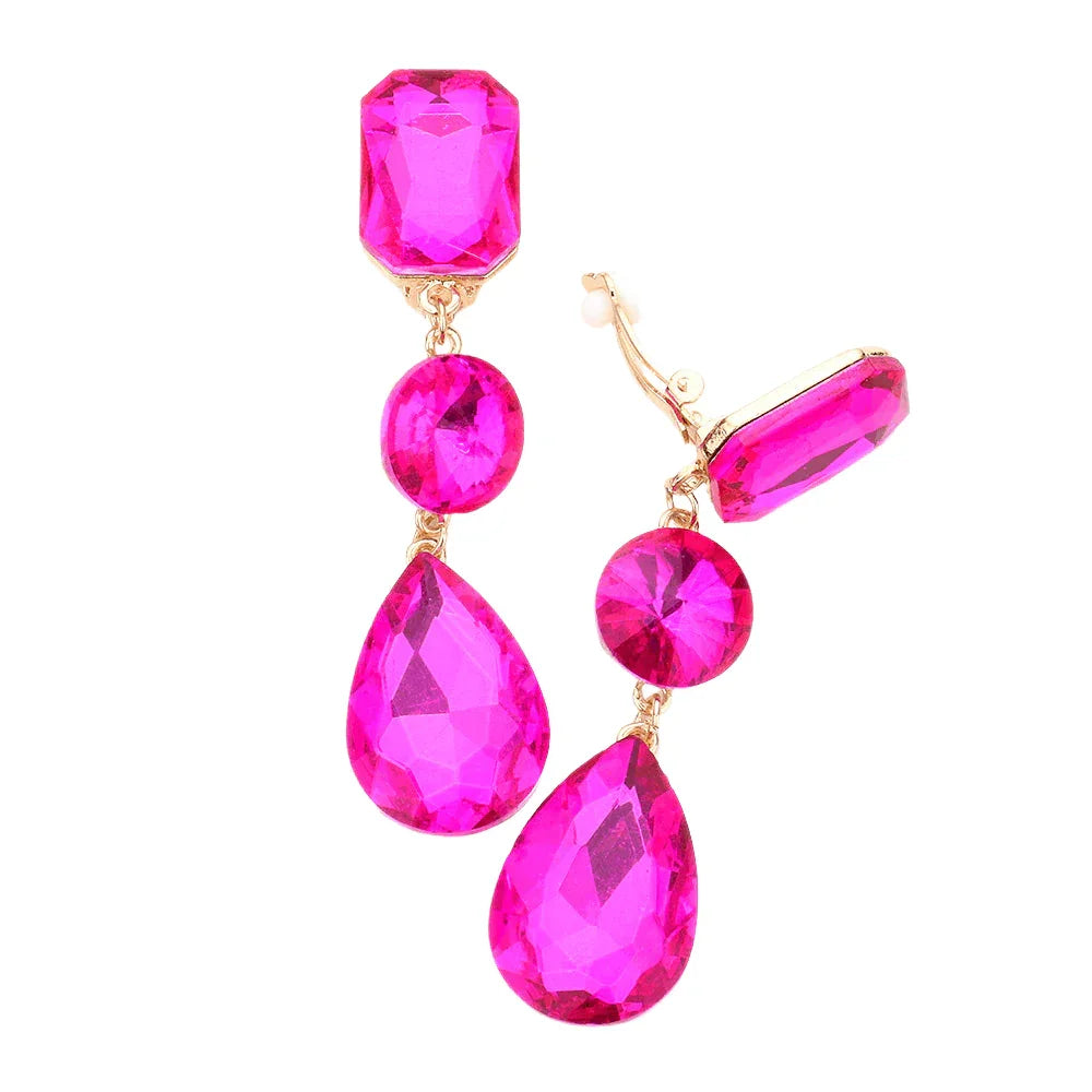 Fuchsia Triple glass crystal clip on earrings - Jewelry Store by Erik Rayo