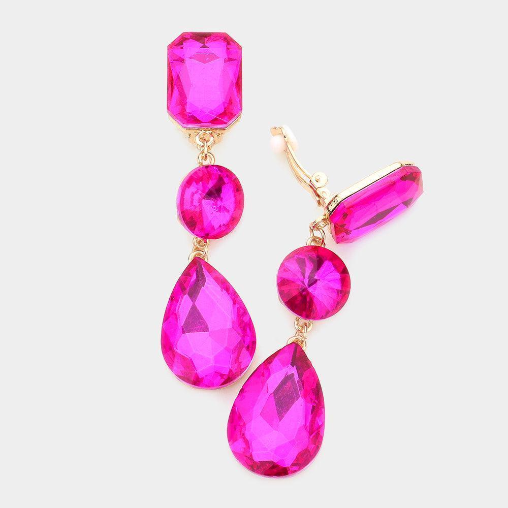 Fuchsia Triple glass crystal clip on earrings - Jewelry Store by Erik Rayo