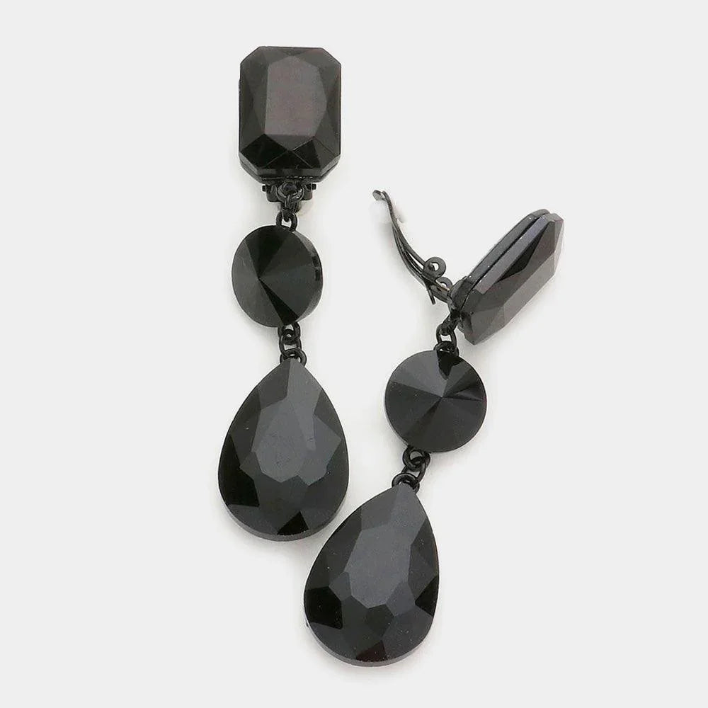 Black Triple glass crystal clip on earrings - Jewelry Store by Erik Rayo