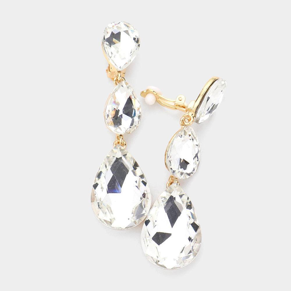 Gold Teardrop Glass Crystal Drop Evening Clip On Earrings