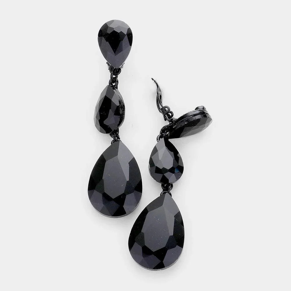 Black Teardrop Glass Crystal Drop Evening Clip On Earrings - Jewelry Store by Erik Rayo