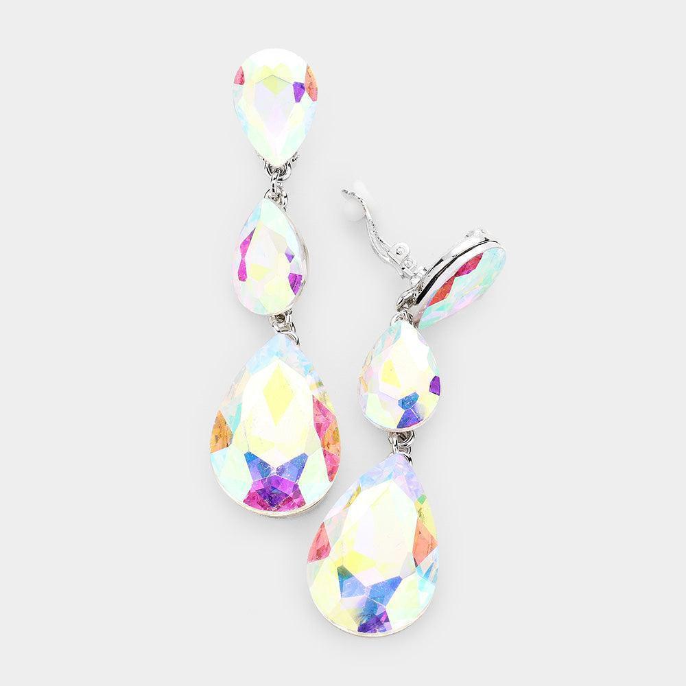 Silver Teardrop Glass Crystal Drop Evening Clip On Earrings