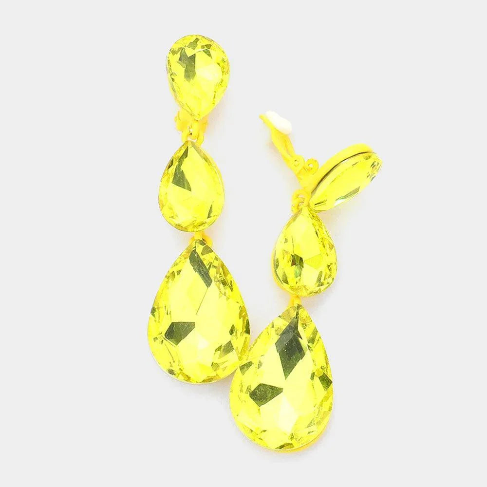 Yellow Teardrop Glass Crystal Drop Evening Clip On Earrings - Jewelry Store by Erik Rayo