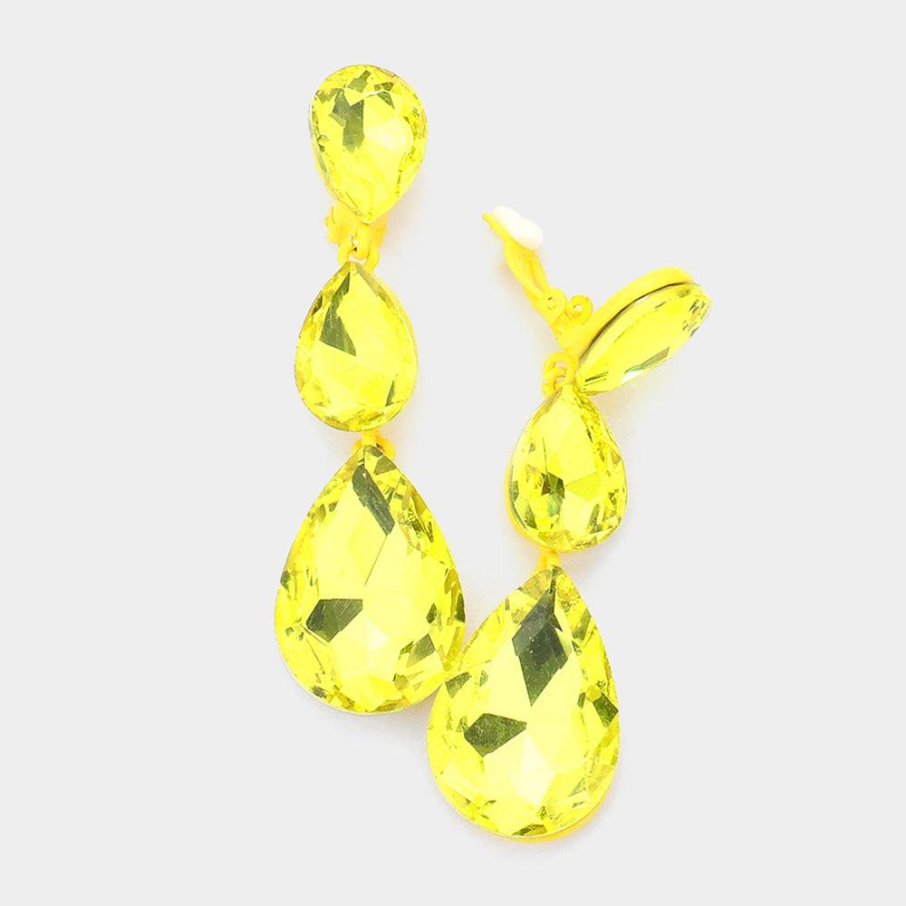 Yellow Teardrop Glass Crystal Drop Evening Clip On Earrings