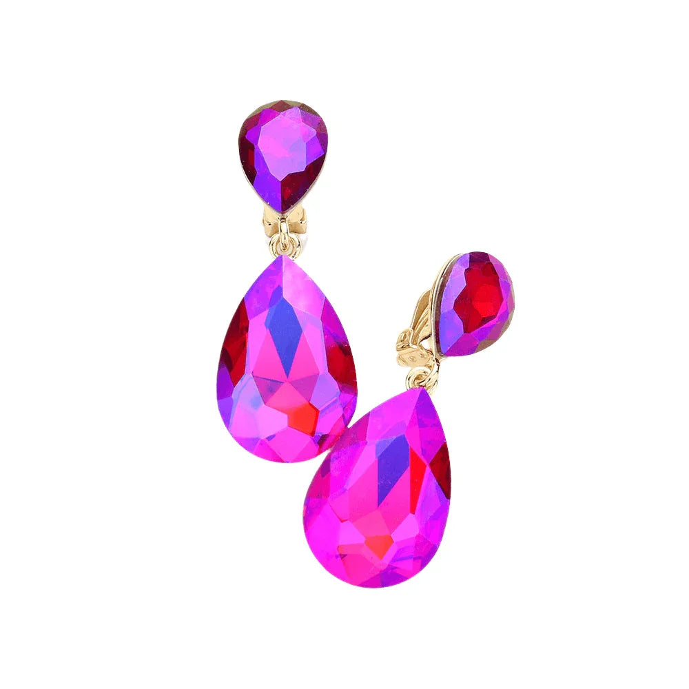 Fuchsia Glass Crystal Double Teardrop Clip on Evening Earrings - Jewelry Store by Erik Rayo