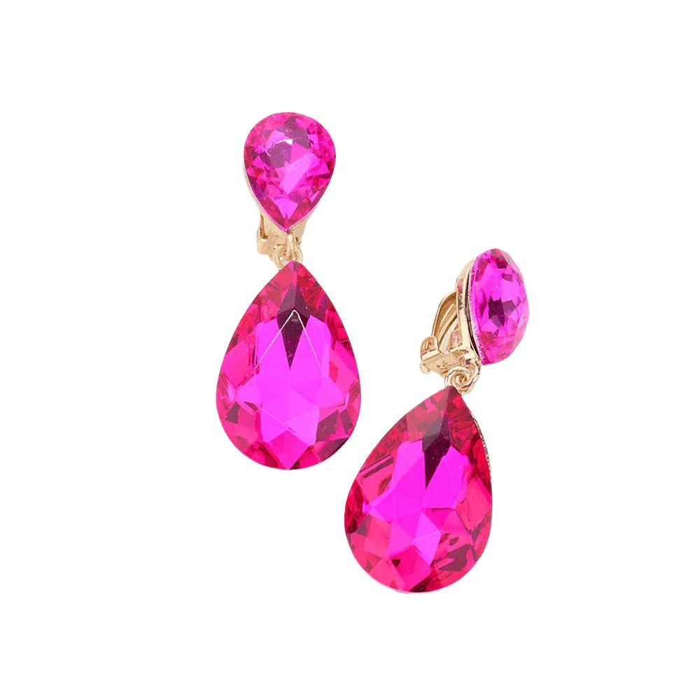Fuchsia Glass Crystal Double Teardrop Clip on Evening Earrings - Jewelry Store by Erik Rayo