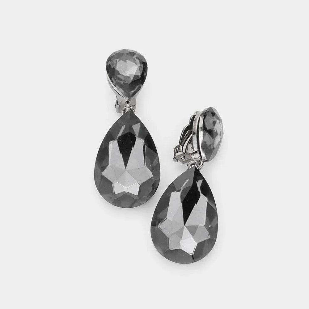 Black Glass Crystal Double Teardrop Clip on Evening Earrings - Jewelry Store by Erik Rayo