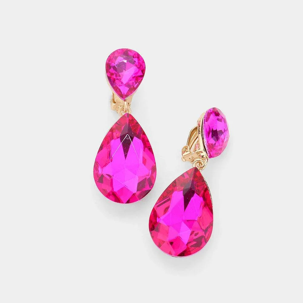 Fuchsia Glass Crystal Double Teardrop Clip on Evening Earrings - Jewelry Store by Erik Rayo