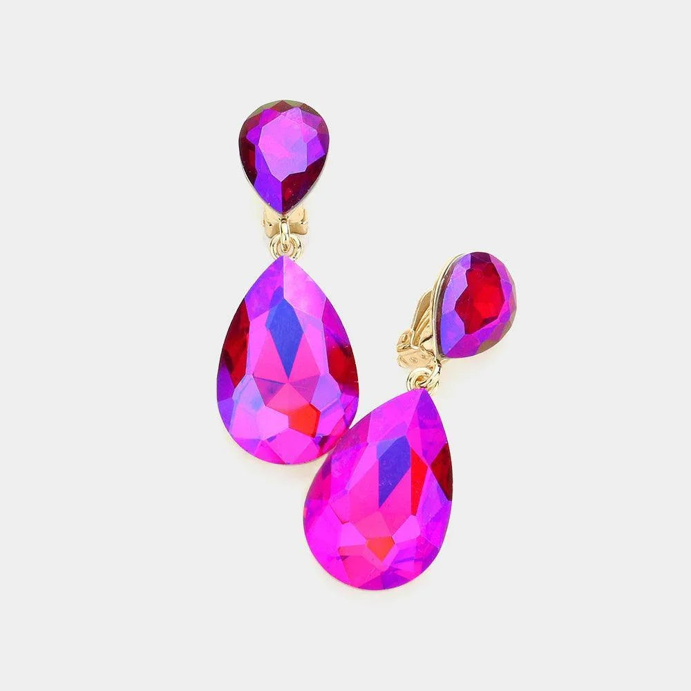 Fuchsia Glass Crystal Double Teardrop Clip on Evening Earrings - Jewelry Store by Erik Rayo