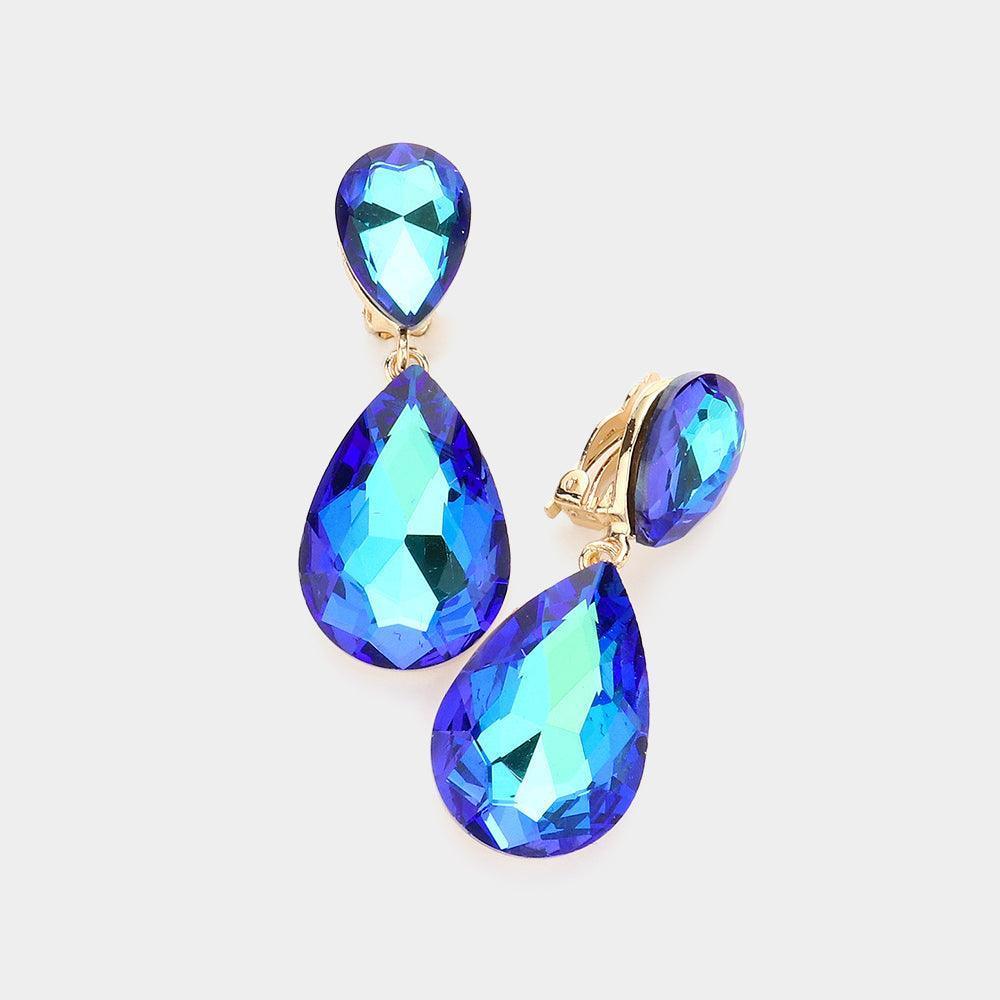 Blue Glass Crystal Double Teardrop Clip on Evening Earrings - Jewelry Store by Erik Rayo