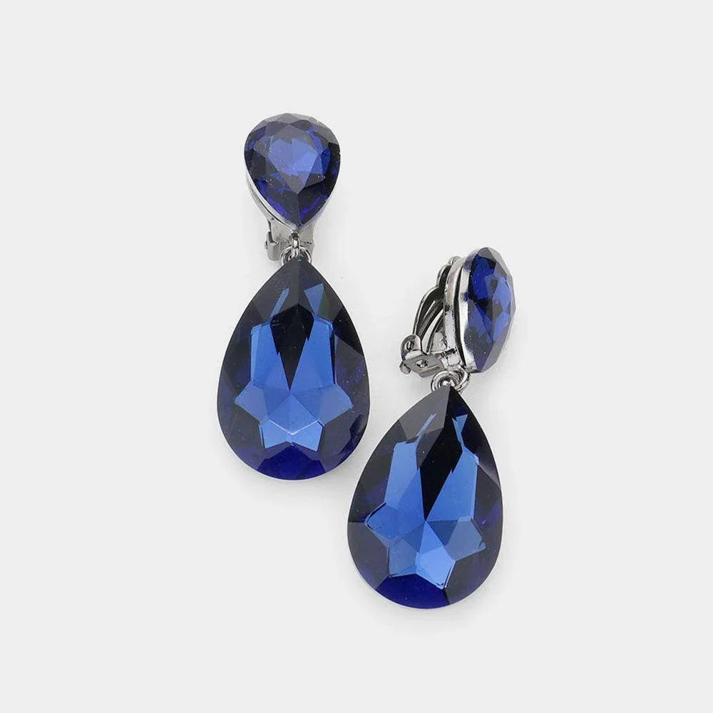 Blue Glass Crystal Double Teardrop Clip on Evening Earrings - Jewelry Store by Erik Rayo