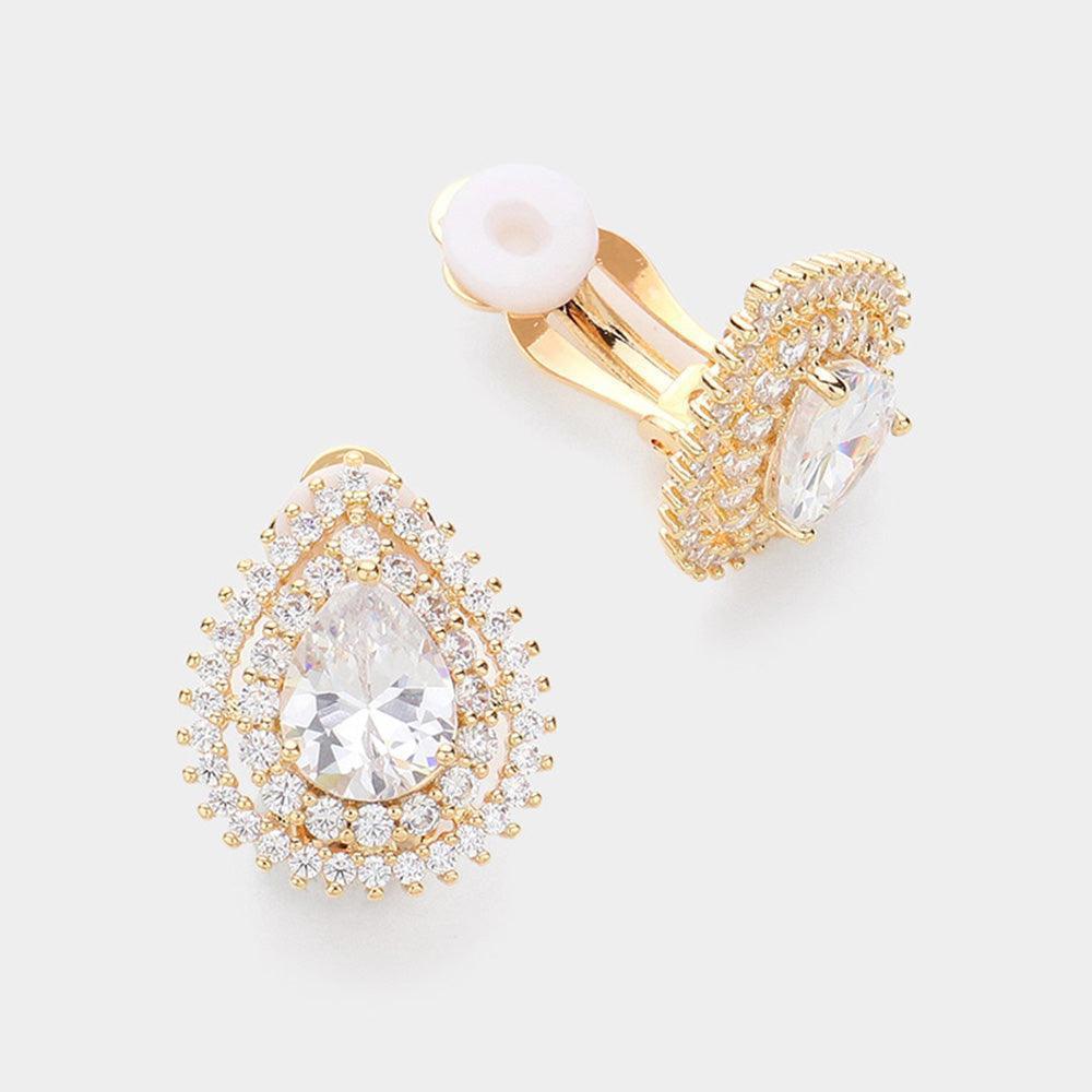 Gold CZ Teardrop Stone Cluster Clip On Earrings - Jewelry Store by Erik Rayo