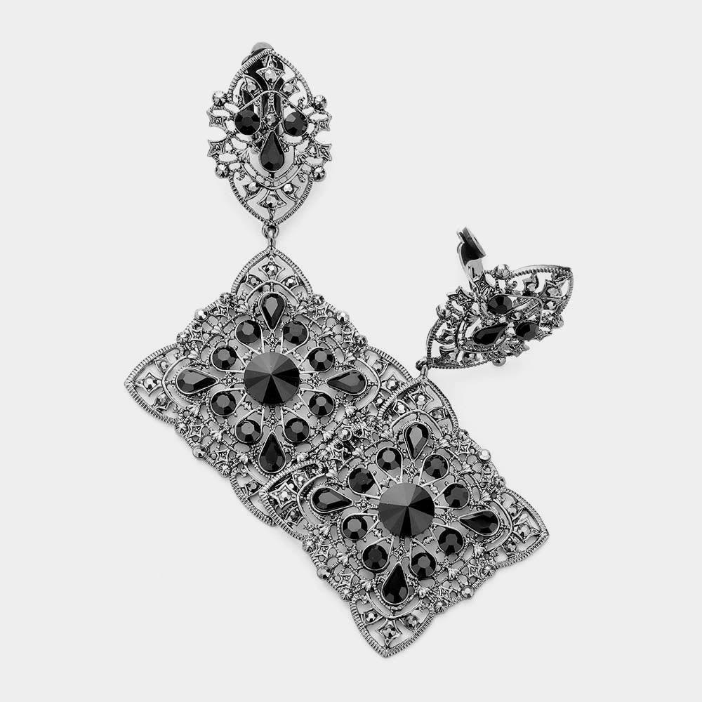 Black Round Crystal Rhinestone Accented Evening Clip on Earrings - Jewelry Store by Erik Rayo