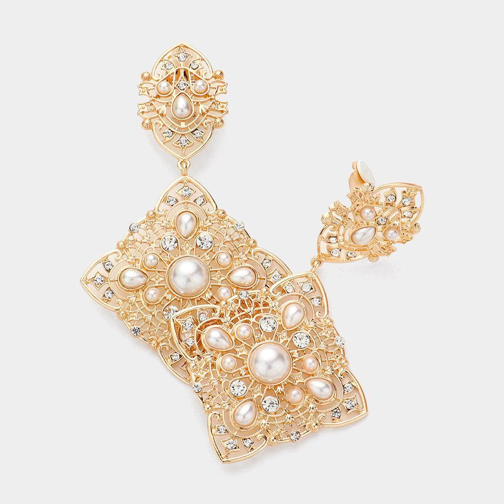 Cream Pearl Round Crystal Rhinestone Accented Evening Clip on Earrings - Jewelry Store by Erik Rayo