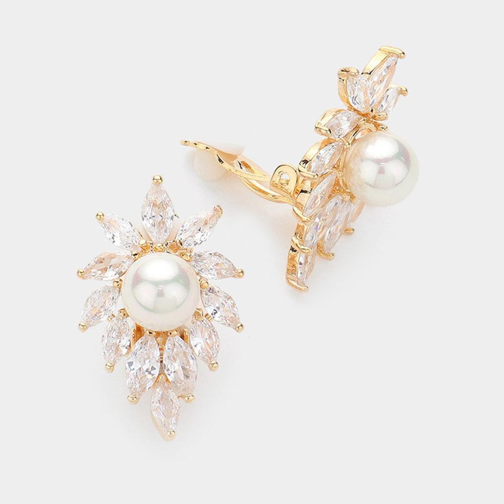 Gold CZ Marquise Stone Cluster Around Pearl Clip On Earrings - Jewelry Store by Erik Rayo