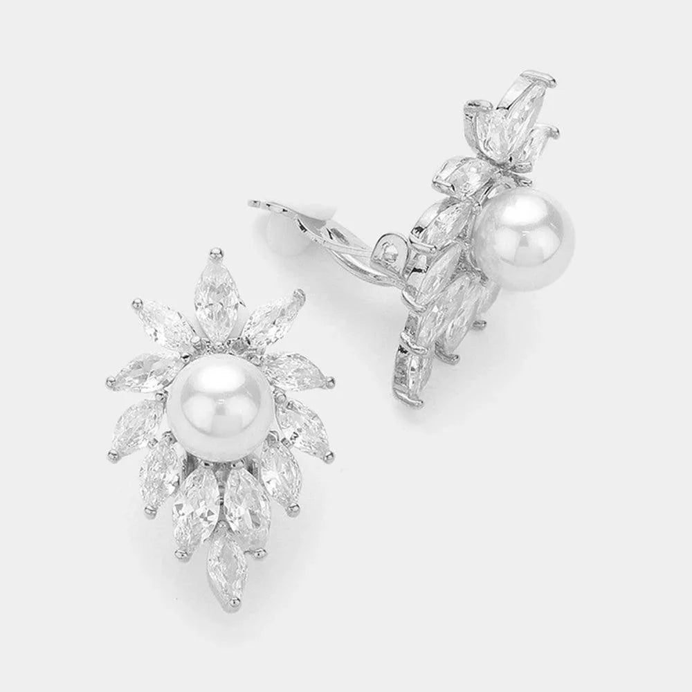 CZ Marquise Stone Cluster Around Pearl Clip On Earrings - Jewelry Store by Erik Rayo