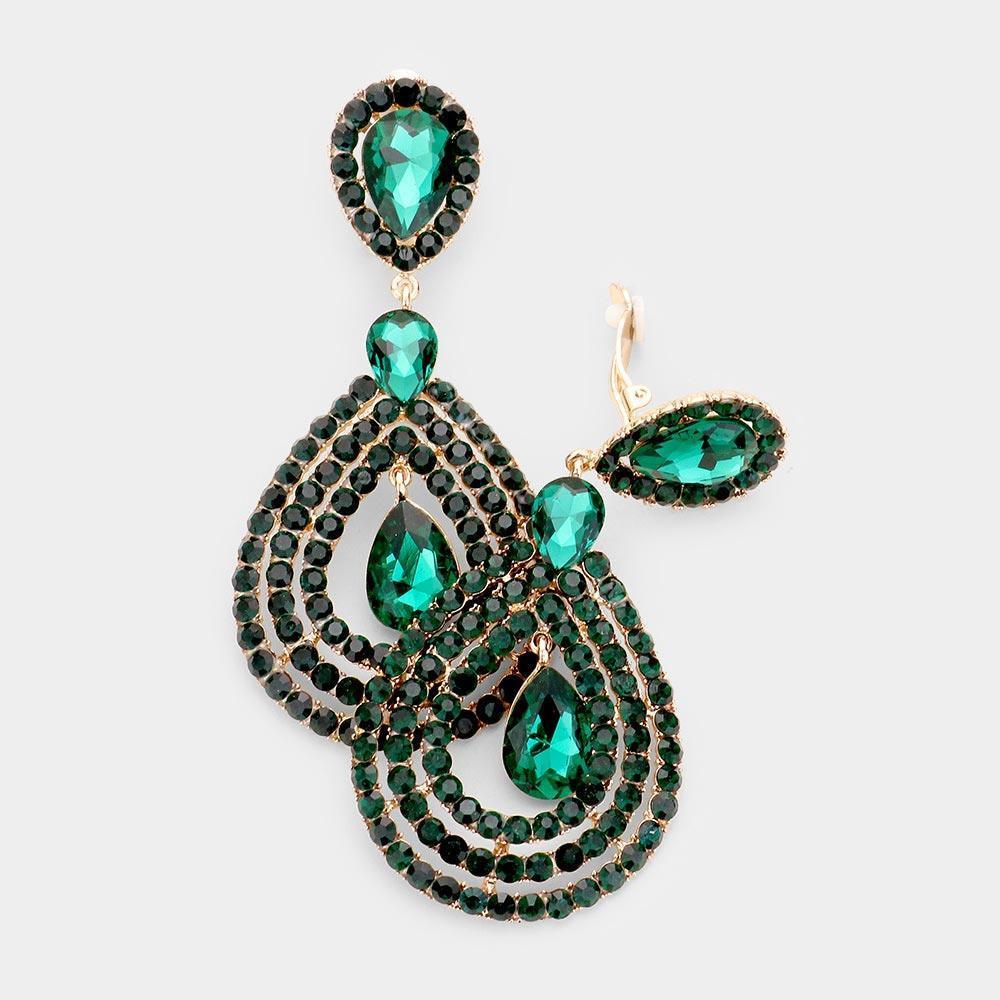 Green Crystal Pave Trimmed Teardrop Clip On Earrings - Jewelry Store by Erik Rayo