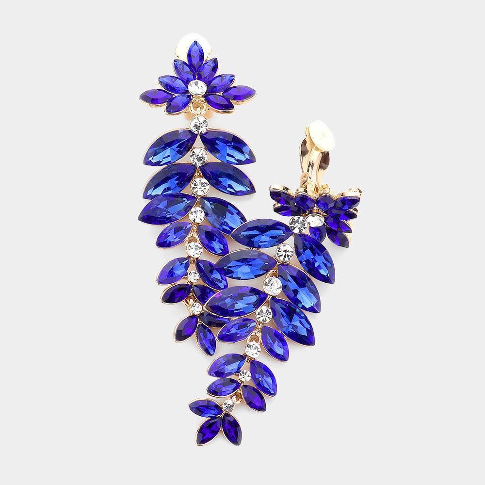 Blue Marquise Stone Cluster Vine Dangle Evening Clip on Earrings - Jewelry Store by Erik Rayo