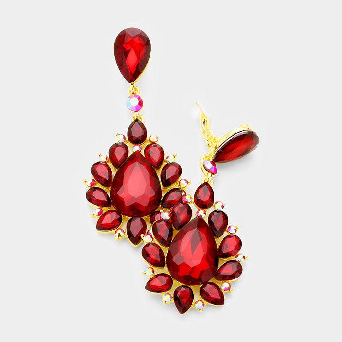 Red Crystal Teardrop Cluster Evening Earrings