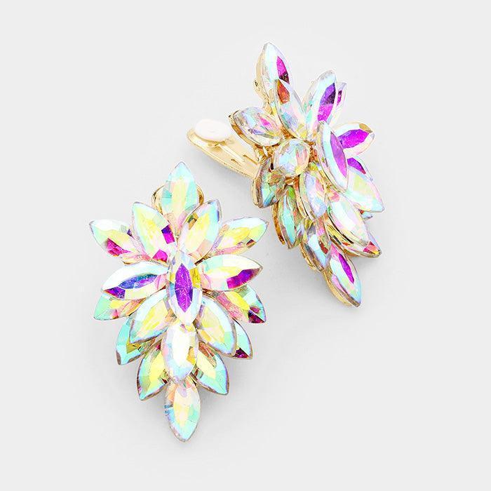 Gold Oval Crystal Cluster Clip on Evening Earrings - Jewelry Store by Erik Rayo
