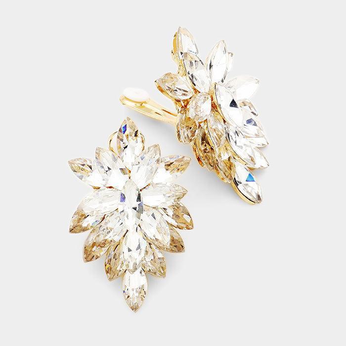 Gold Oval Crystal Cluster Clip on Evening Earrings - Jewelry Store by Erik Rayo