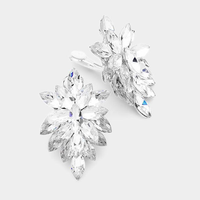 Silver Oval Crystal Cluster Clip on Evening Earrings - Jewelry Store by Erik Rayo
