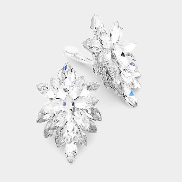 Silver Oval Crystal Cluster Clip on Evening Earrings