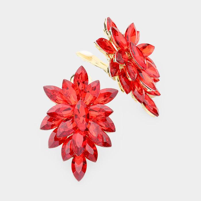 Red Oval Crystal Cluster Clip on Evening Earrings