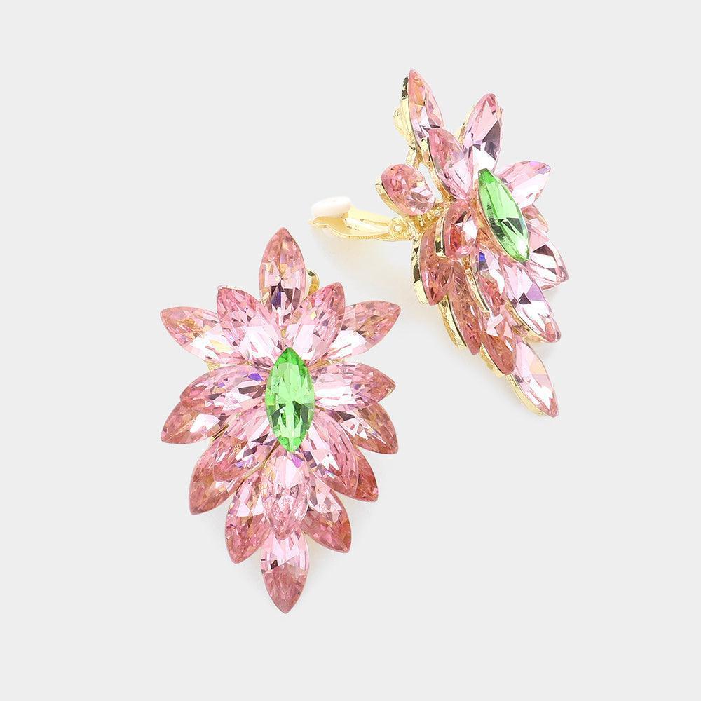 Pink Oval Crystal Cluster Clip on Evening Earrings - Jewelry Store by Erik Rayo