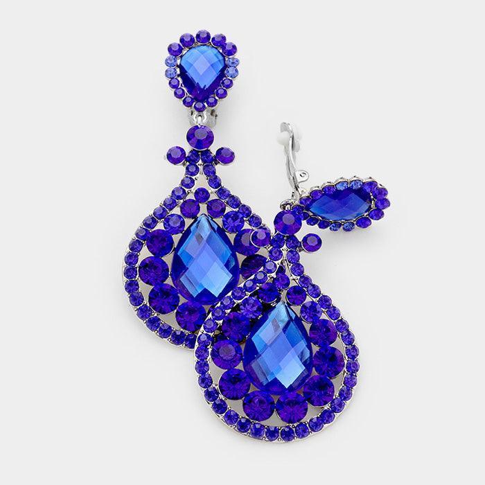 Blue Crystal Pave Trimmed Teardrop Clip On Earrings - Jewelry Store by Erik Rayo