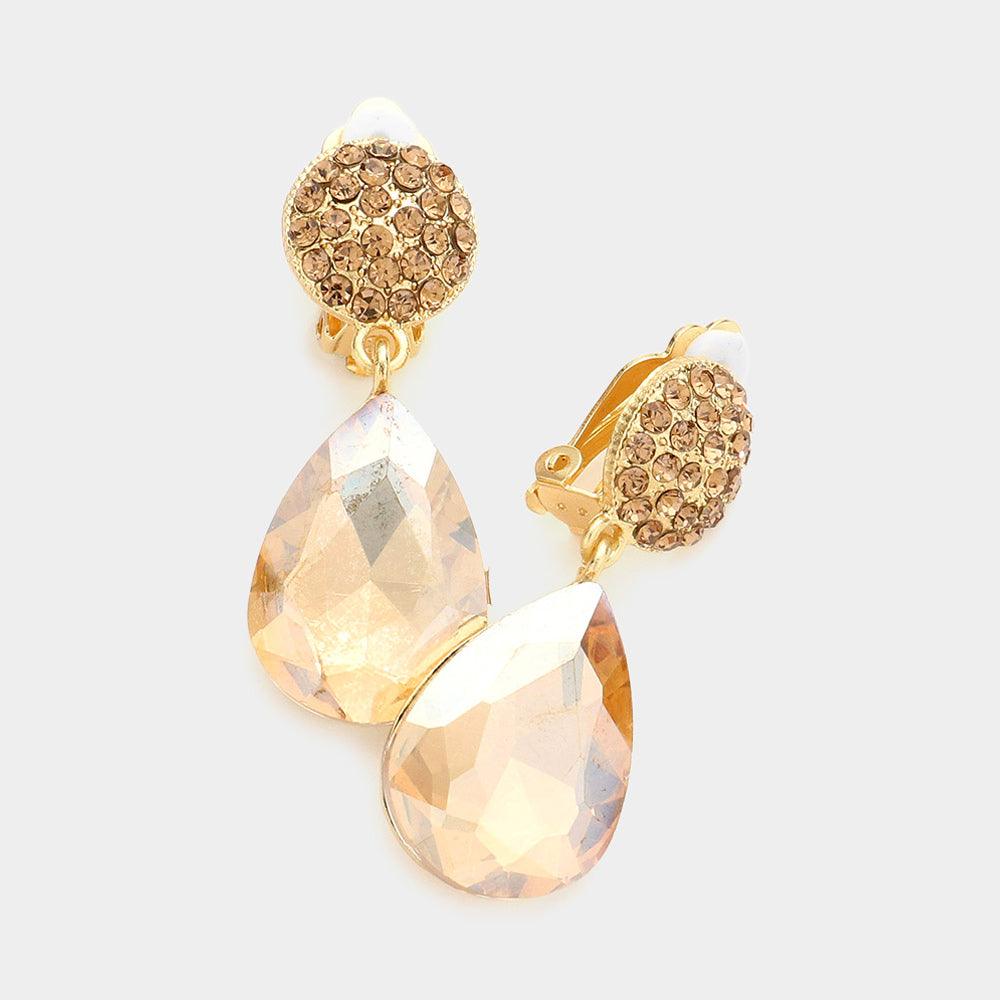 Teardrop Stone Dangle Evening Clip On Earrings