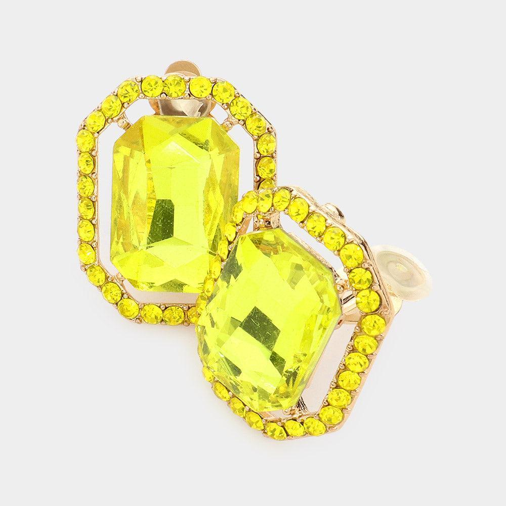 Yellow Rhinestone Trim Octagon Stone Center Evening Clip on Earrings - Jewelry Store by Erik Rayo