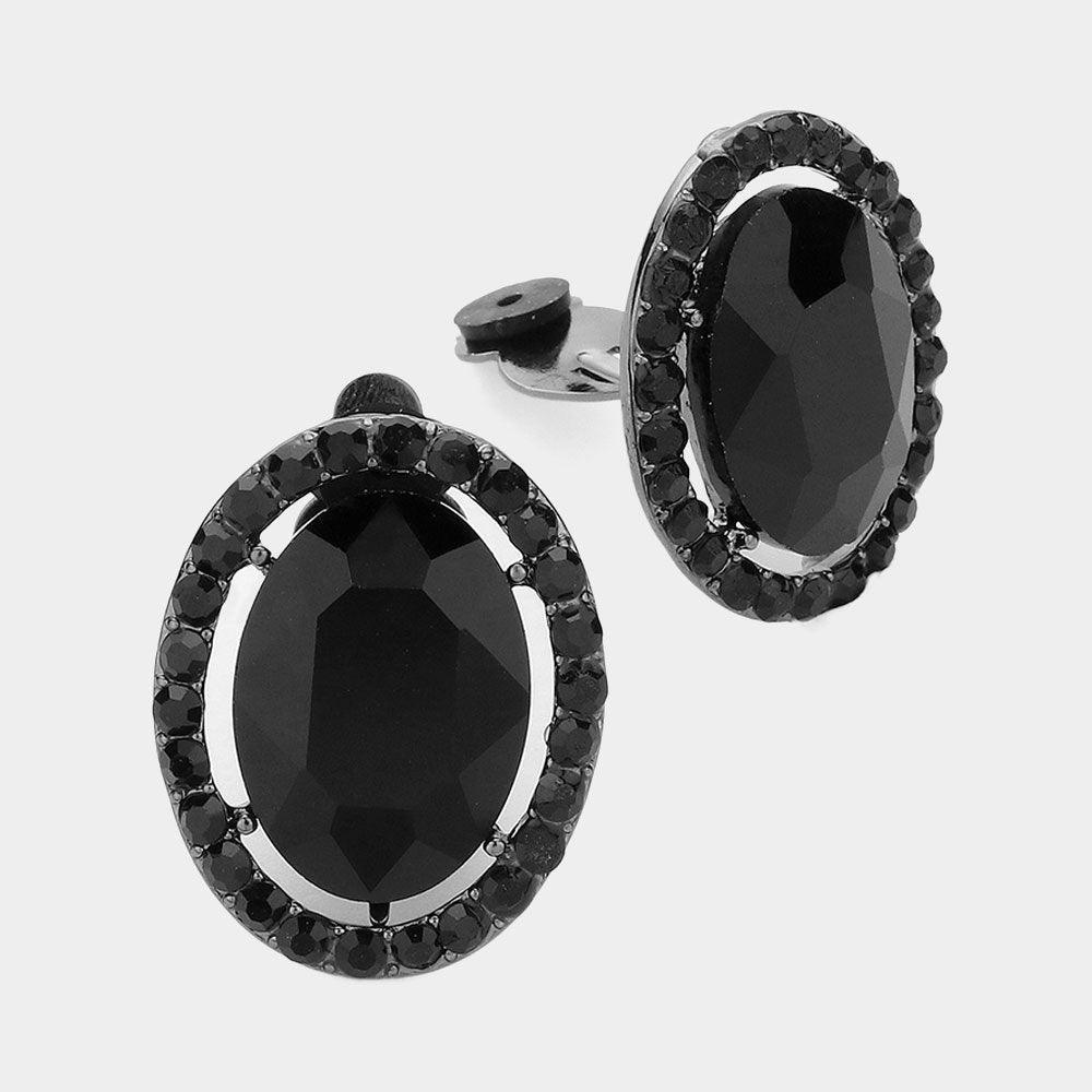 Black Rhinestone Trim Oval Evening Clip on Earring - Jewelry Store by Erik Rayo