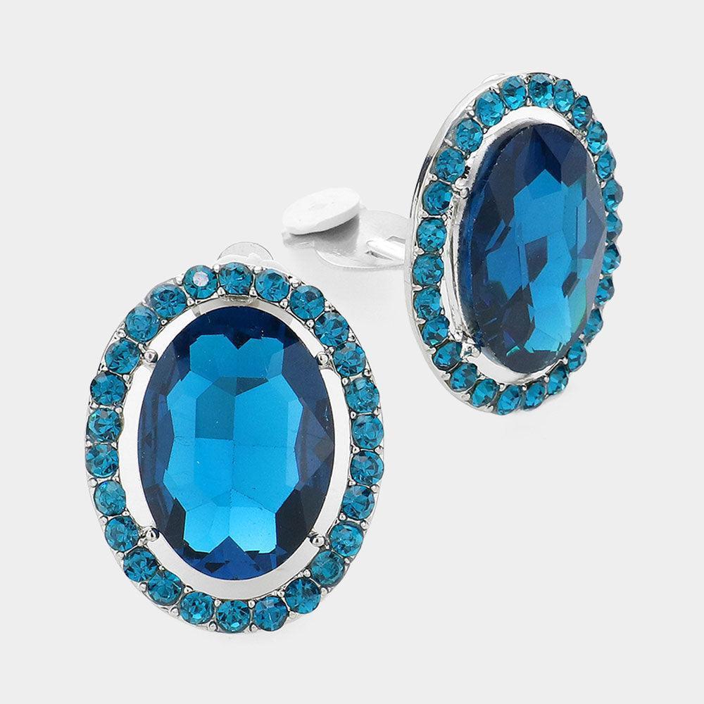 Blue Rhinestone Trim Oval Evening Clip on Earring - Jewelry Store by Erik Rayo