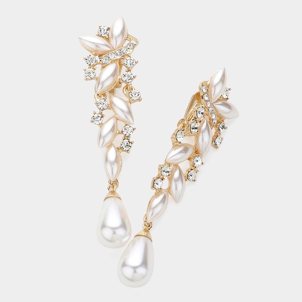 Cream Pearl Crystal Drop Clip On Earrings