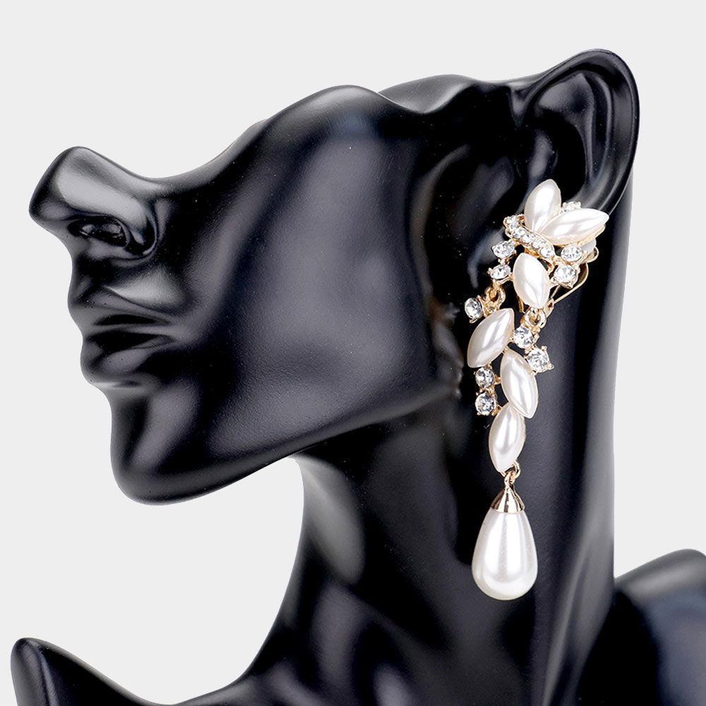 Cream Pearl Crystal Drop Clip On Earrings - Jewelry Store by Erik Rayo