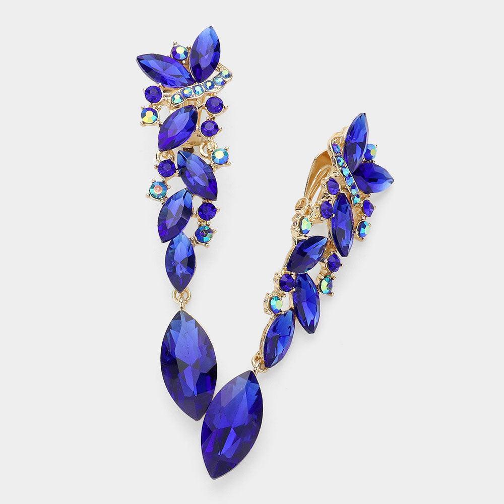 Blue Marquise Crystal Drop Clip On Earrings