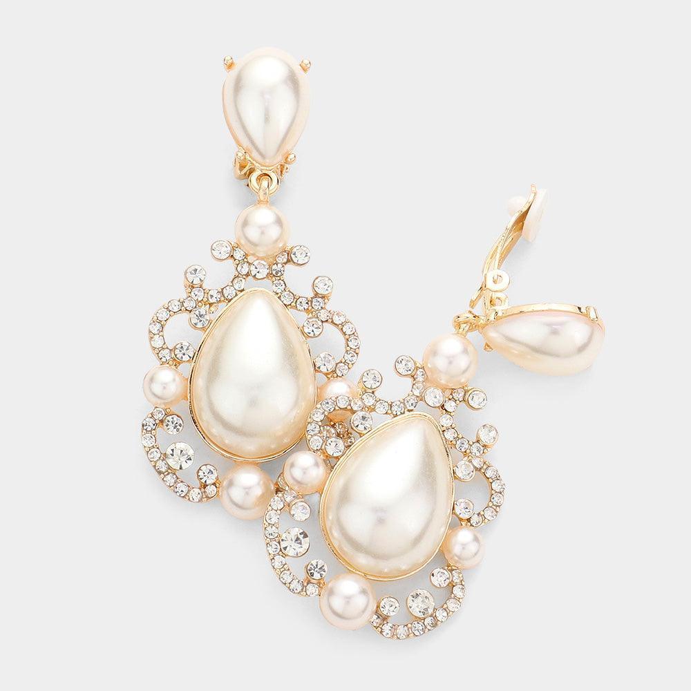 Cream Teardrop Crystal Pearl Dangle Evening Clip on Earrings - Jewelry Store by Erik Rayo