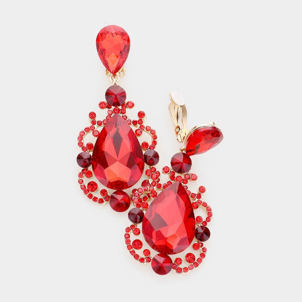 Red Teardrop Crystal Dangle Evening Clip on Earrings - Jewelry Store by Erik Rayo