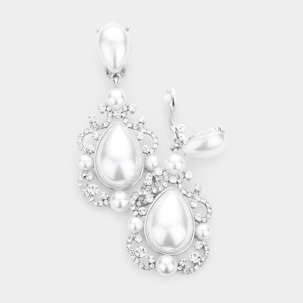 White Teardrop Crystal Pearl Dangle Evening Clip on Earrings - Jewelry Store by Erik Rayo