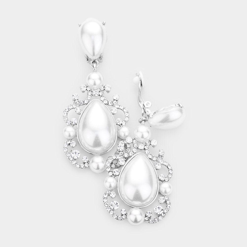 White Teardrop Crystal Pearl Dangle Evening Clip on Earrings