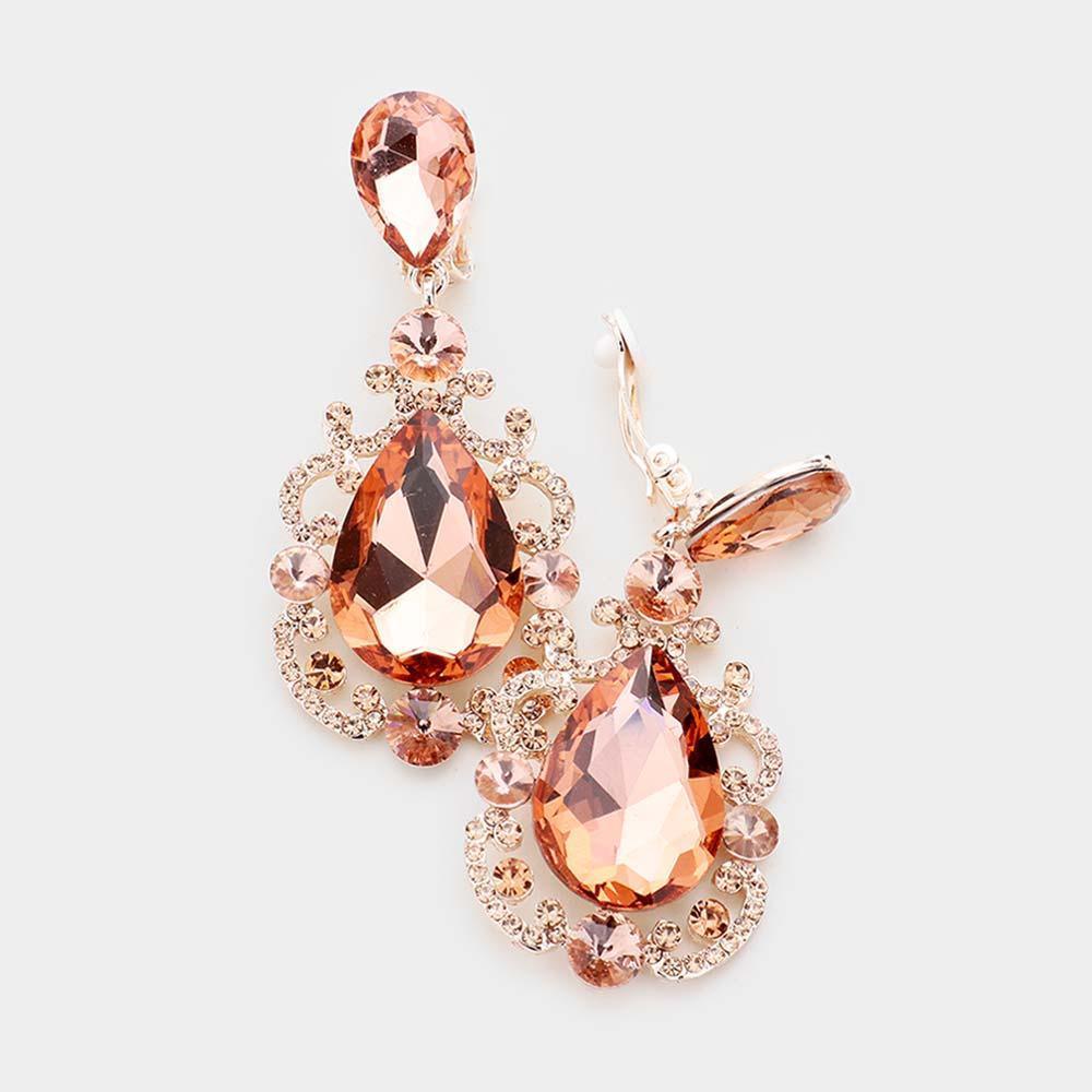 Rose Gold Teardrop Crystal Dangle Evening Clip on Earrings - Jewelry Store by Erik Rayo