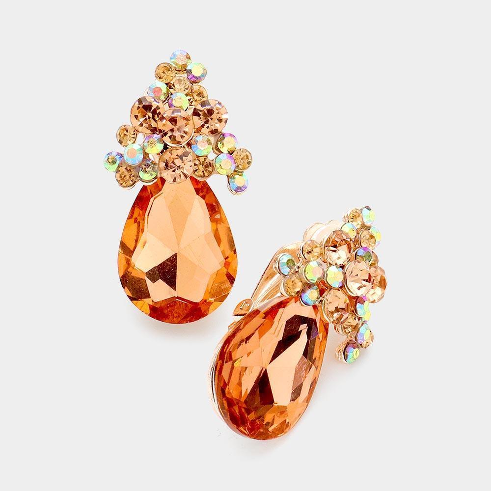 Peach Bubble Stone Cluster Teardrop Accented Clip on Evening Earrings - Jewelry Store by Erik Rayo