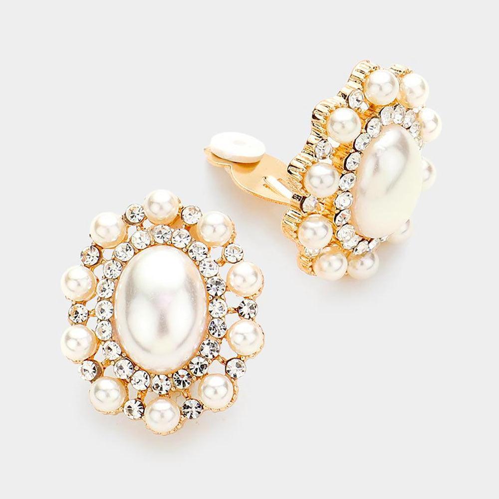 Cream Oval Pearl Accented Clip on Evening Earrings - Jewelry Store by Erik Rayo