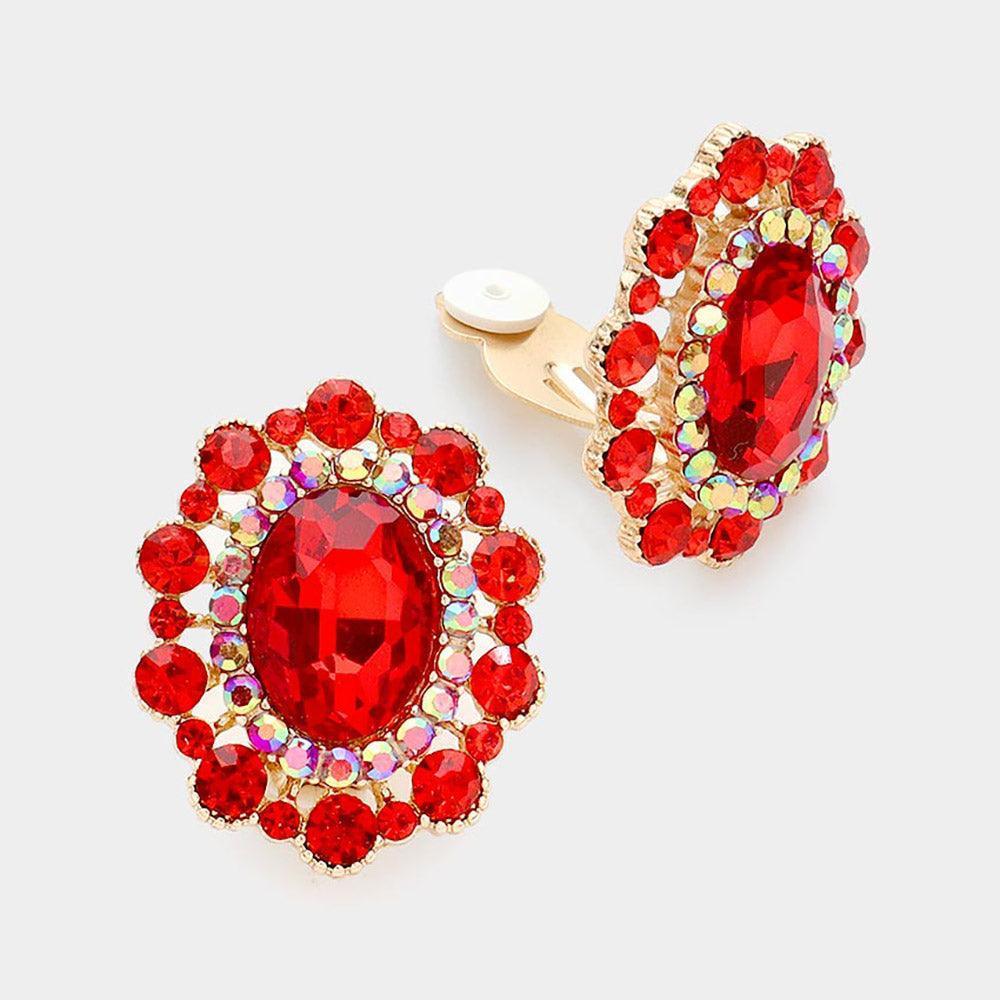 Red Oval Stone Accented Clip on Evening Earrings