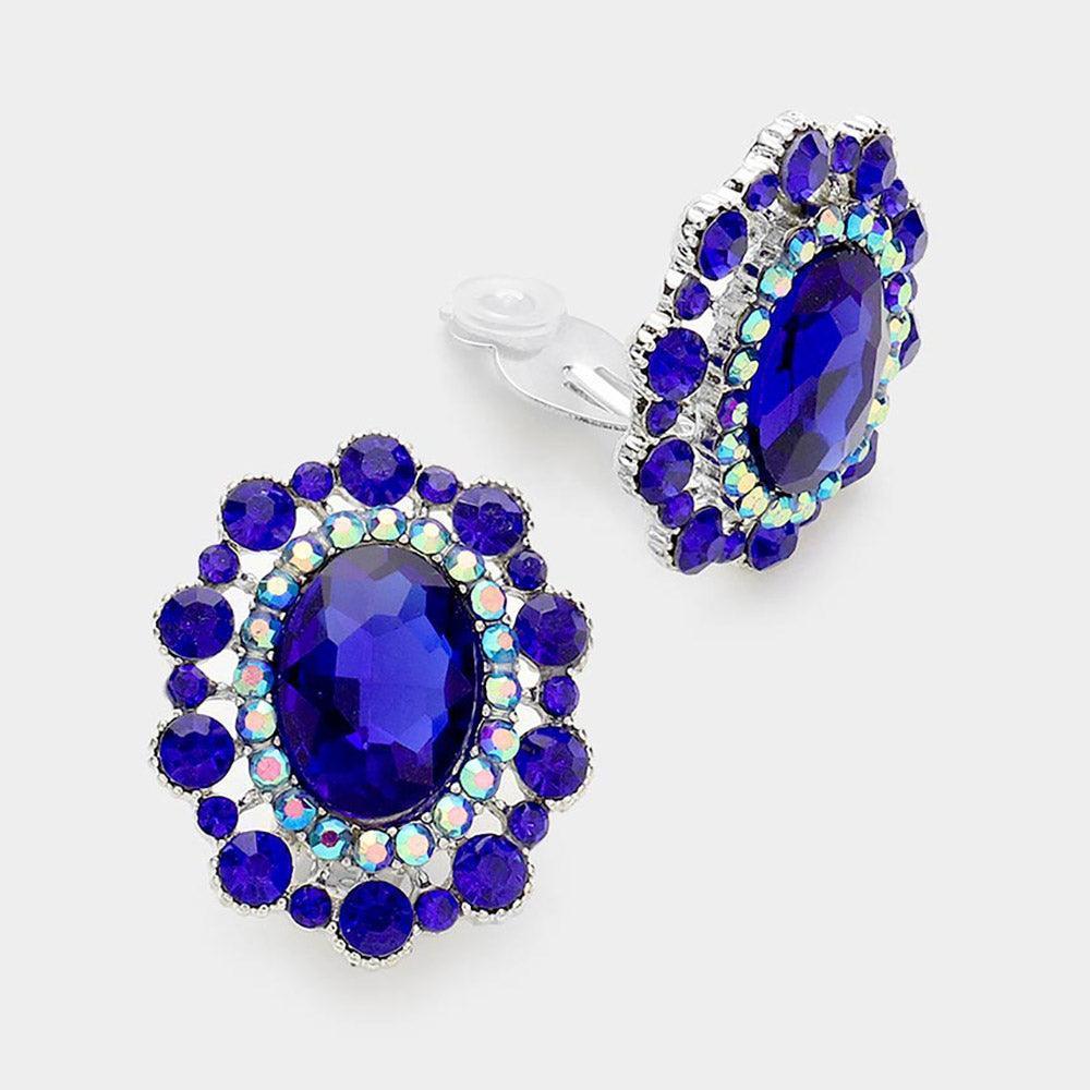 Blue Oval Stone Accented Clip on Evening Earrings - Jewelry Store by Erik Rayo
