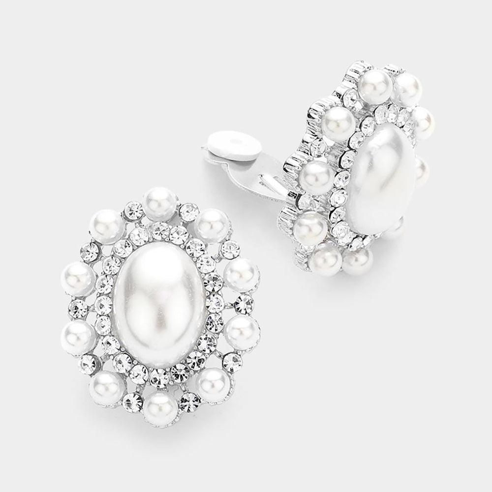 White Oval Pearl Accented Clip on Evening Earrings